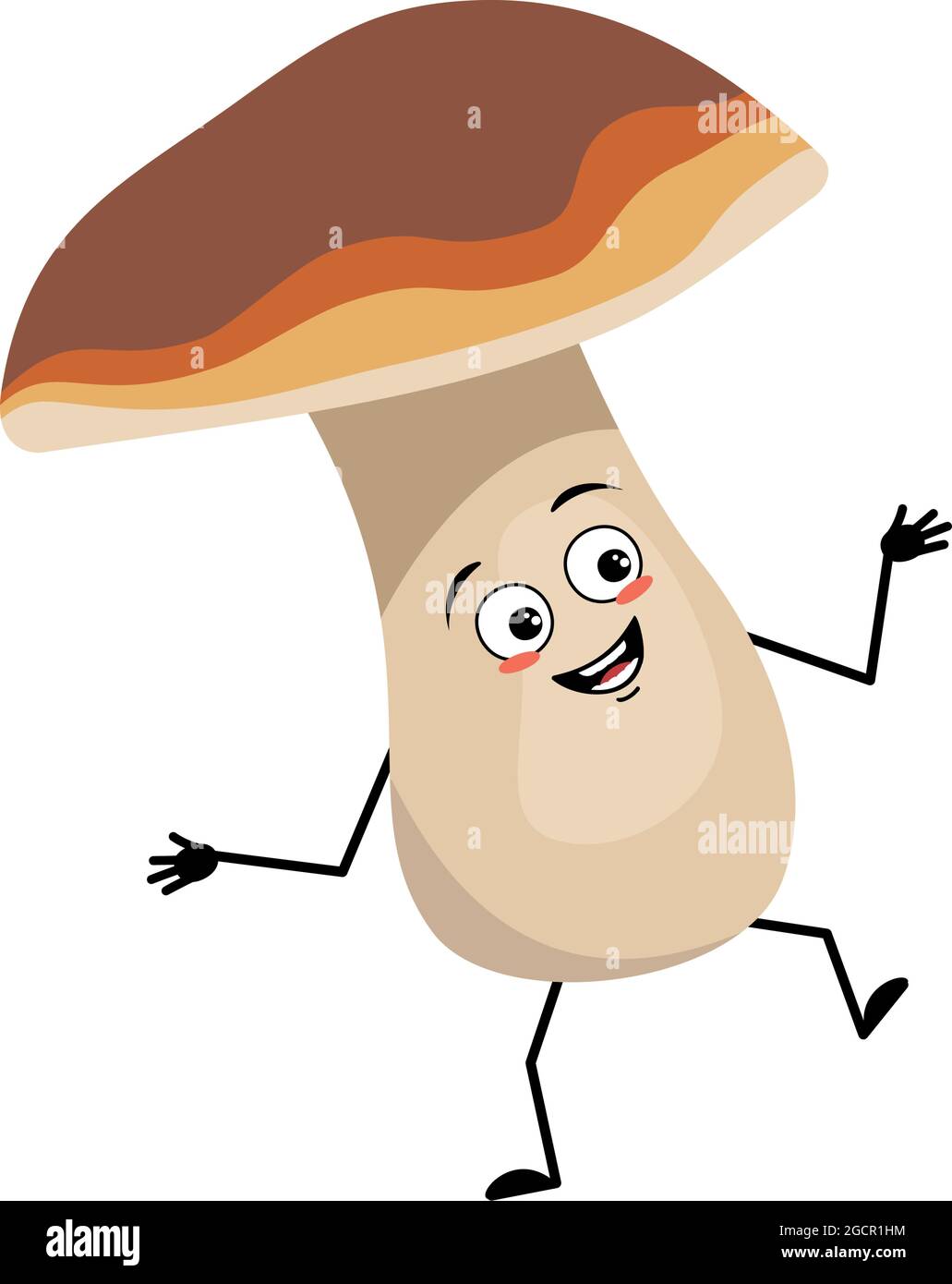 Carino carattere di fungo con emozioni gioiose, danza, sorriso faccia, occhi felici, braccia e gambe. Un cibo sano e sano divertente, pianta forestale Illustrazione Vettoriale