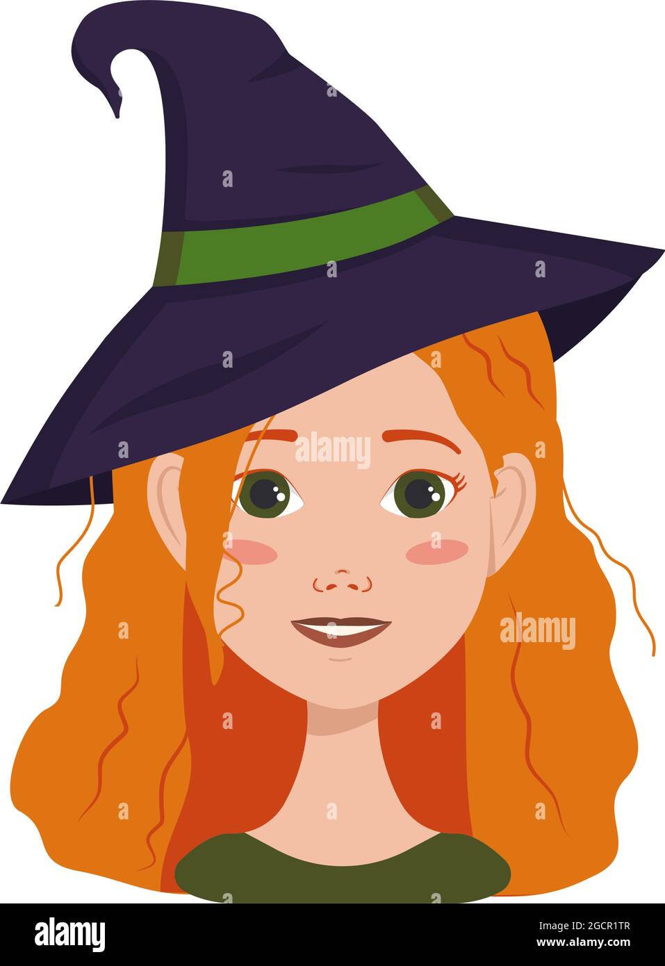 Avatar di una donna con capelli ricci rossi, emozioni di gioia e felicità, faccia sorridente e indossare un cappello di strega. Ragazza con frettole in un vestito per Halloween Illustrazione Vettoriale