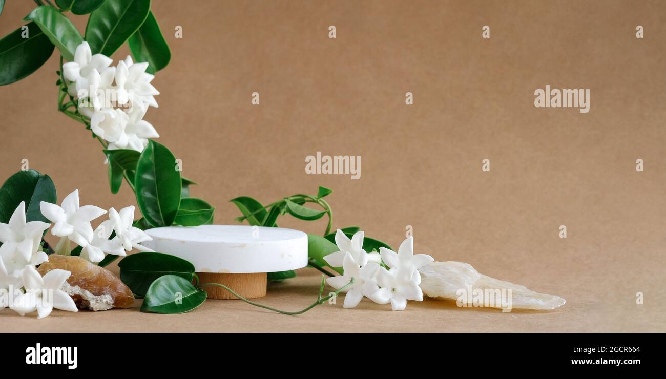 Scenografia minimale creativa pietre naturali, foglie verdi e fiori bianchi. Podio in legno cilindrico su sfondo beige. Presentazione del prodotto, mock-up, mostra prodotto cosmetico, Podium, piedistallo da palco o piattaforma Foto Stock