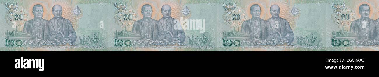Fotografia macro di una fila di banconote da 20 baht thailandesi. Primo piano dettagliato sui dettagli delle banconote in Thailandia. Il denaro della Thailandia. Venti Baht, p. Foto Stock