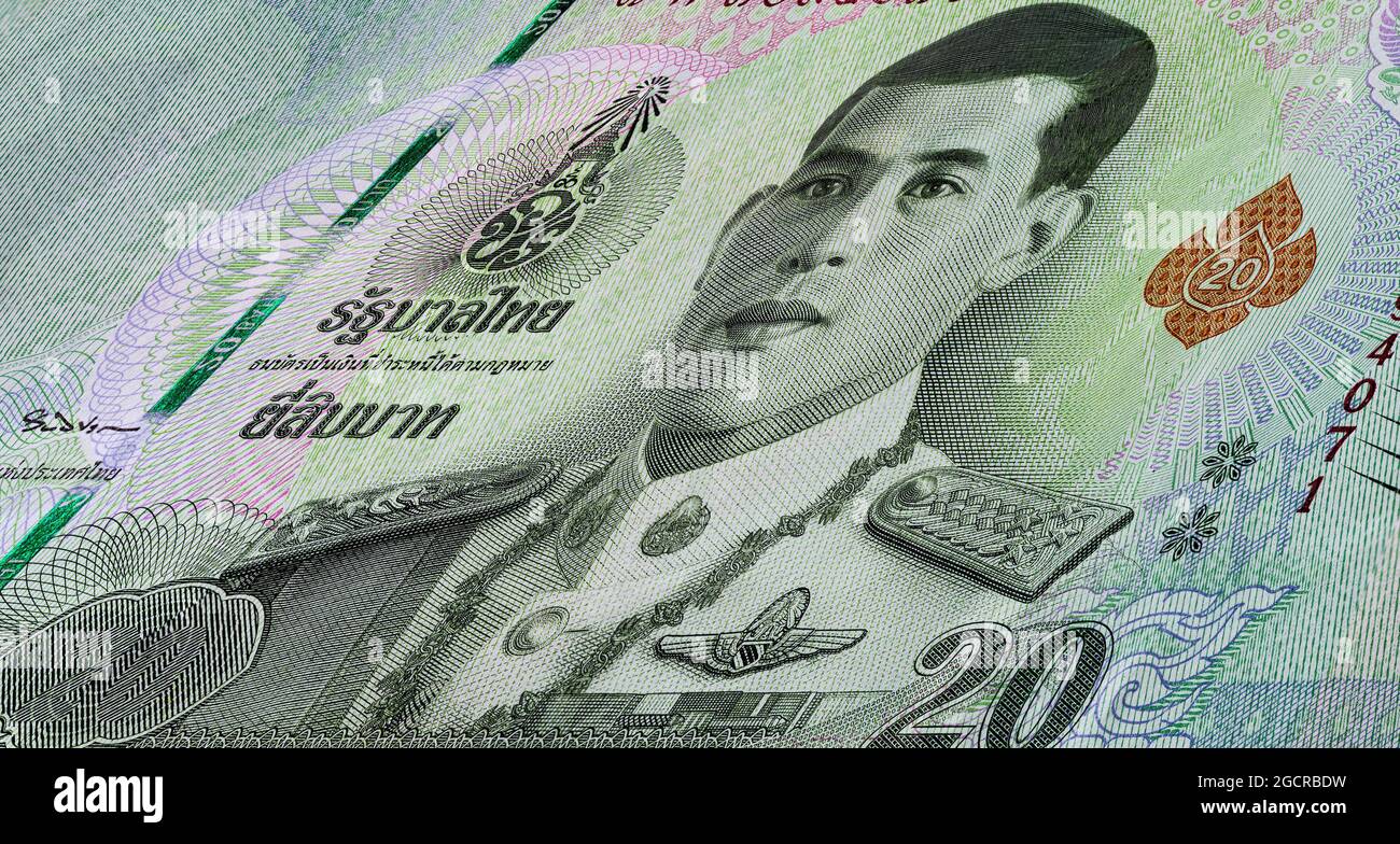 Fotografia macro di una banconota da 20 baht thailandesi. Primo piano dettagliato sui dettagli delle banconote in Thailandia. Il denaro della Thailandia. Venti Baht, con il Foto Stock