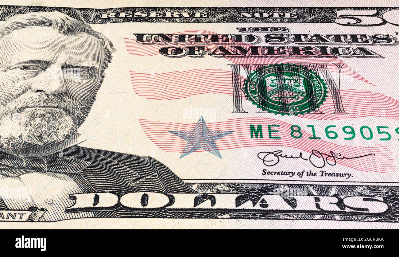 Primo piano di una banconota da 50 dollari USA. Primo piano di cinquanta dollari  americani nota. Il dollaro AMERICANO è la valuta mondiale. Ritratto di  Ulisse Grant sul fr Foto stock - Alamy