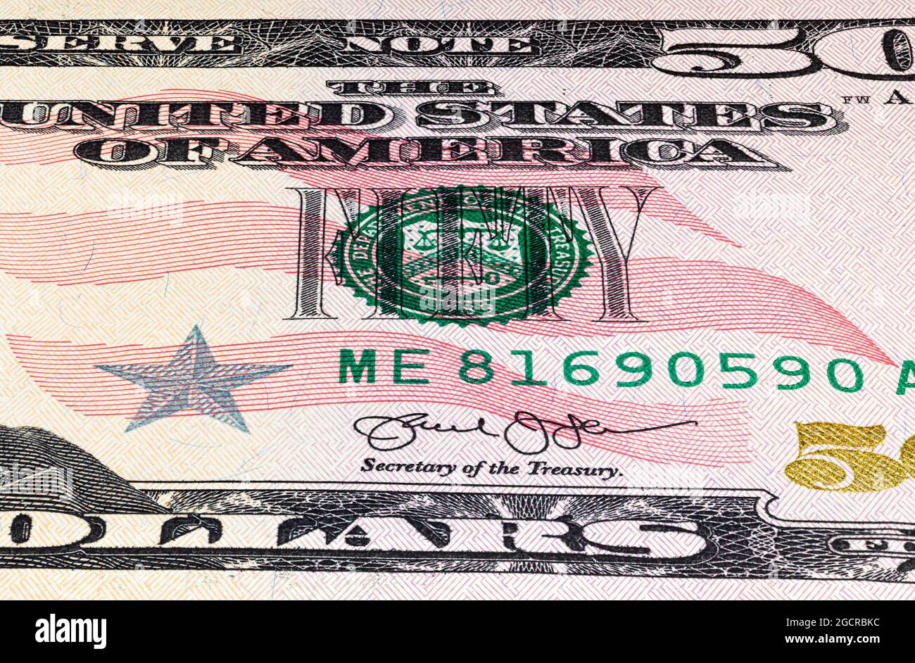 Primo piano di una banconota da 50 dollari USA. Primo piano di cinquanta dollari americani nota. Il dollaro AMERICANO è la valuta mondiale. Ritratto di Ulisse Grant sul fr Foto Stock