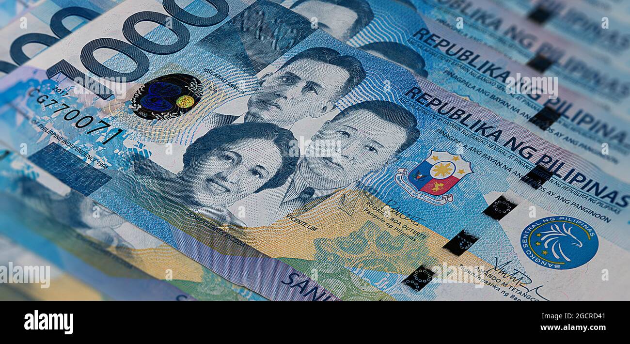 Fronte di 1000 pesos Bill del Philippines.A fan di 1000 peso filippino. Valuta dello stato dell'isola. Mazzo di migliaia di peso. Carta o b Foto Stock