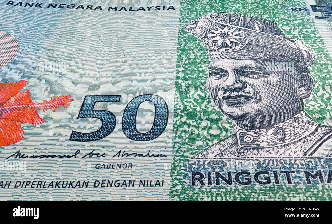Super macro fotografia di 50 Ringgit Malesia. Primo piano su una banconota RM 50. Al centro il grande 50. Da un lato il fiore rosso dell'ibisco sul Foto Stock
