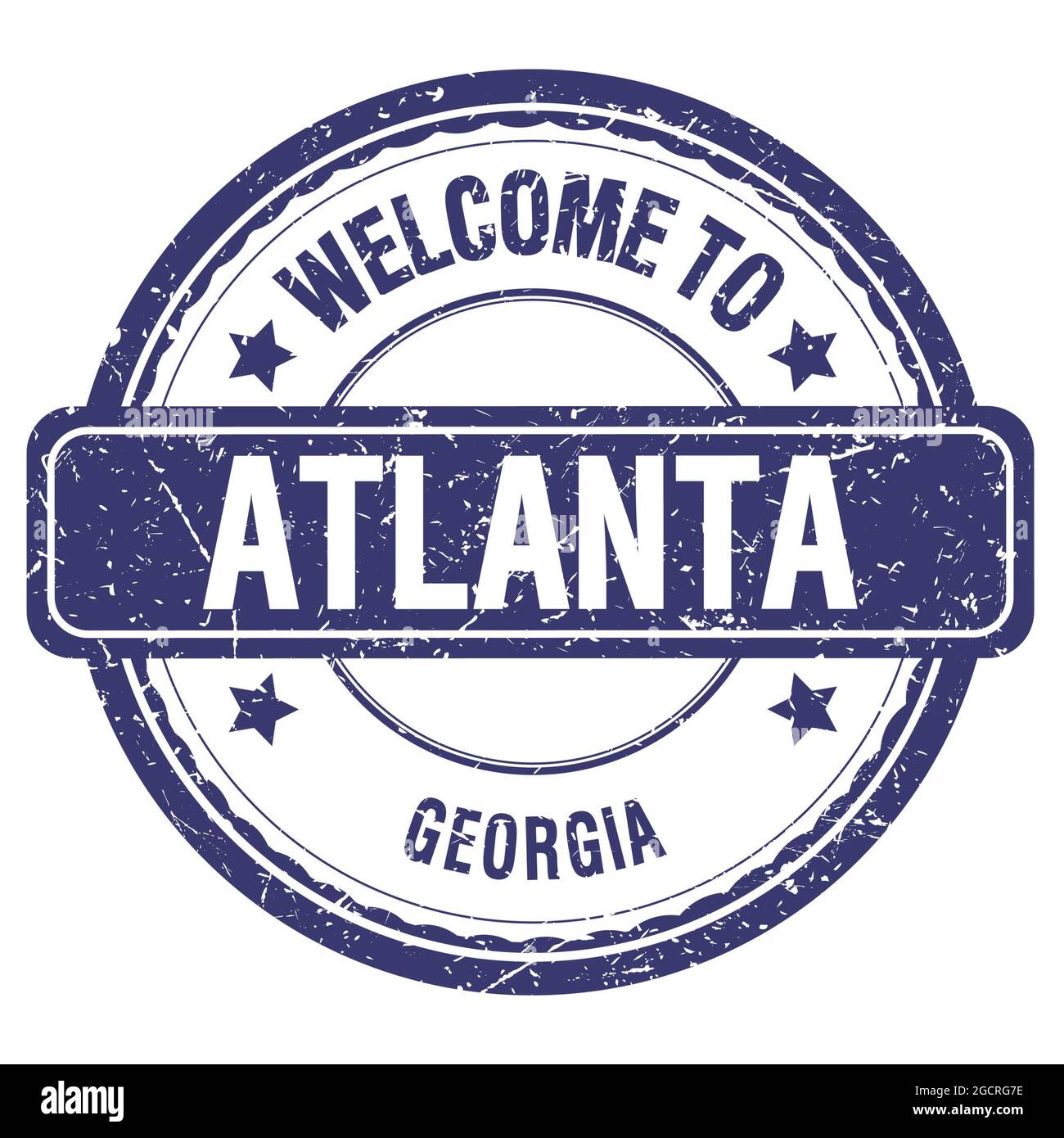 BENVENUTI AD ATLANTA - GEORGIA, parole scritte su un francobollo blu Foto Stock