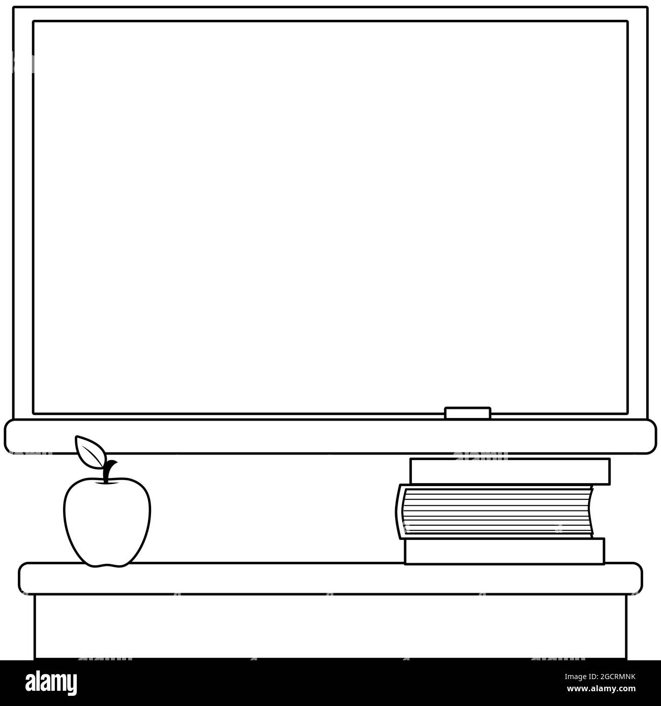 Classe scolastica con lavagna, scrivania per insegnanti, libri e mela. Pagina da colorare in bianco e nero. Foto Stock