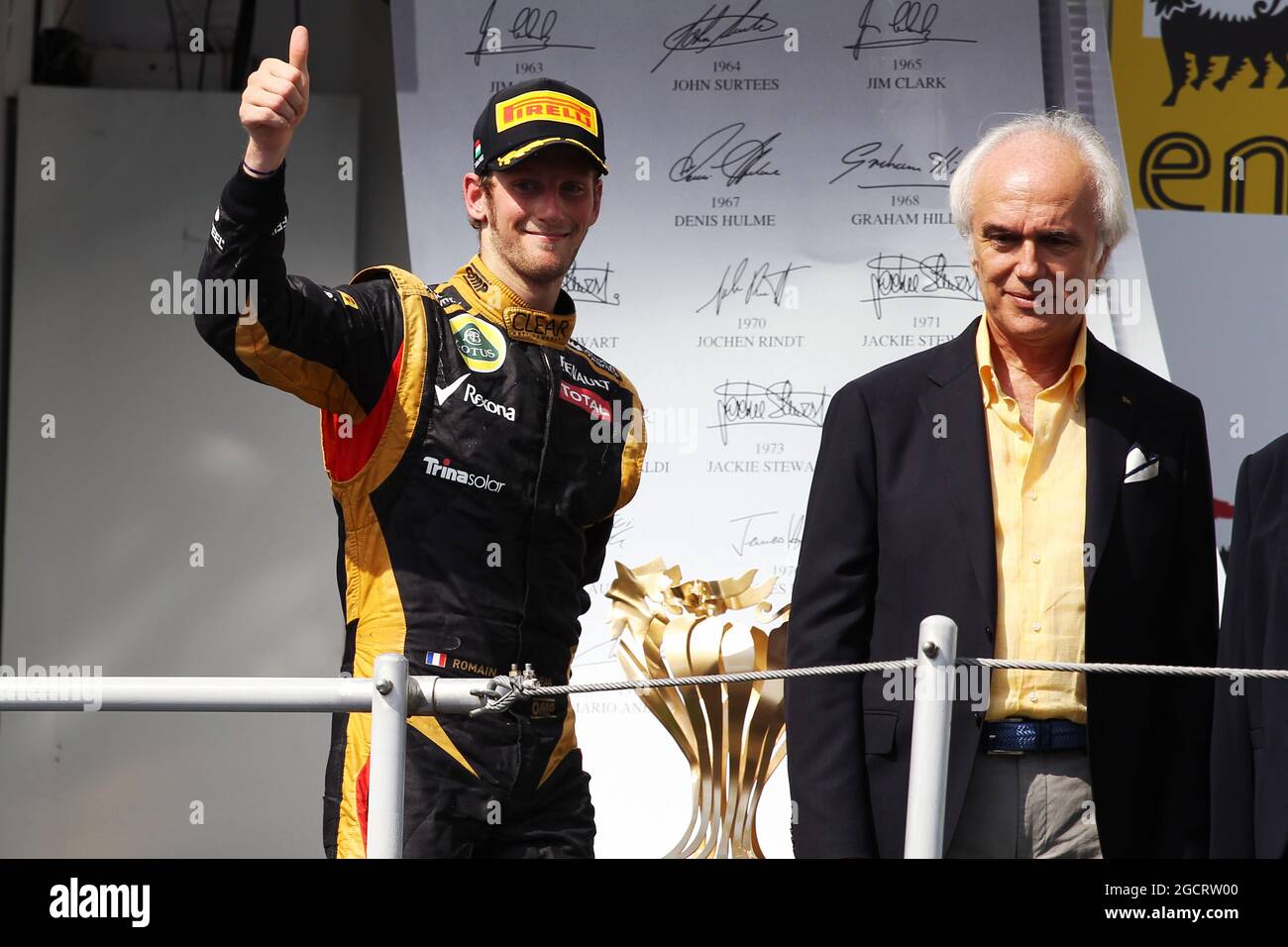 Romain Grosjean (fra) Lotus F1 Team festeggia la sua terza posizione sul podio. Gran Premio di Ungheria, domenica 29 luglio 2012. Budapest, Ungheria. Foto Stock