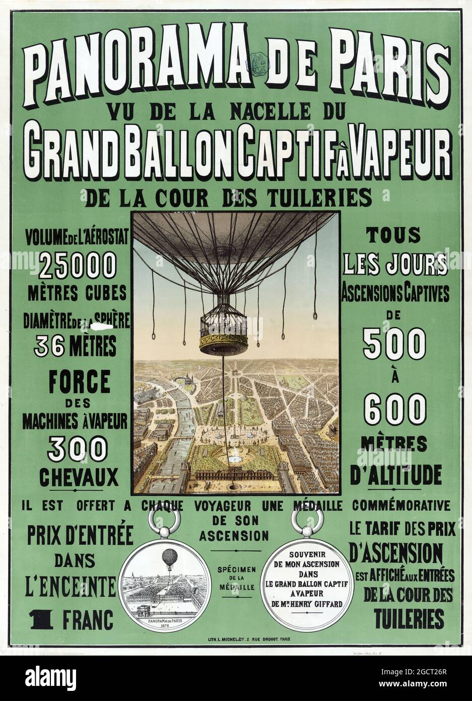 Panorama de Paris – Grand Ballon Captif à Vapeur. De la Cour des Tuileries. Il pallone prigioniero di Henri Giffard. Vista dall'alto di Parigi 1878. Foto Stock