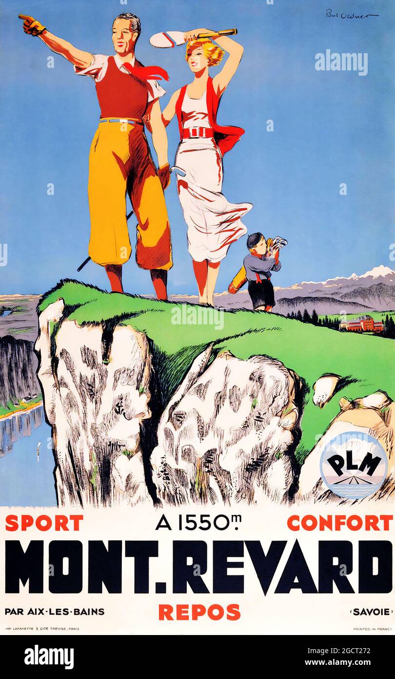 Poster di viaggio Vintage 1930 PLM per Mont Revard in Savoie Francia - Golf Tennis, 1935. Artista: Paul Ordner. Poster di viaggio in francese. Sport, confort, posizione Foto Stock