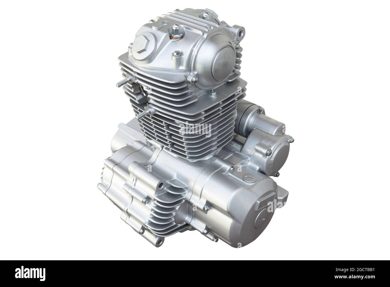 Motore per motociclette isolato su sfondo bianco. Motore a combustione interna raffreddato ad aria per moto, motoslitta o ATV. Primo piano del motore Silver. ISOL Foto Stock