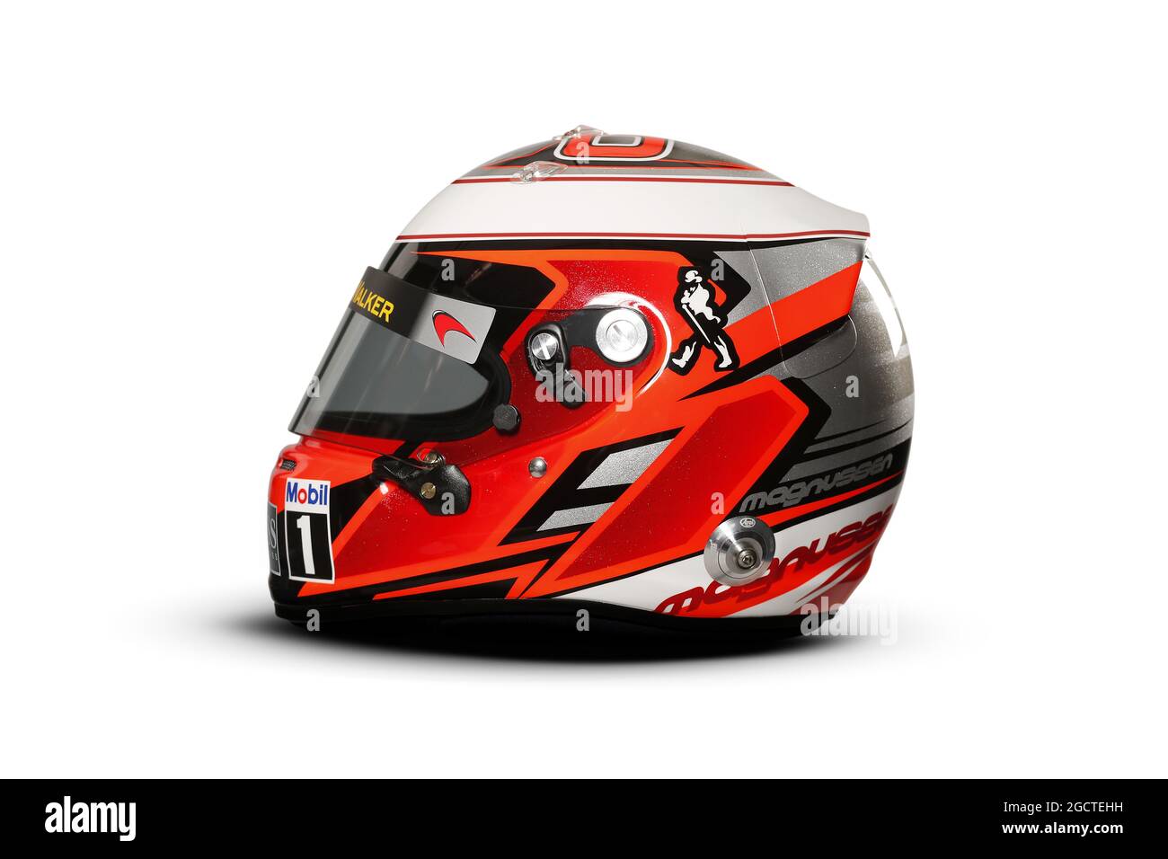 Il casco di Kevin Magnussen (DEN) McLaren. Test di Formula uno, Test Bahrain uno, giorno quattro, sabato 22 febbraio 2014. Sakhir, Bahrein. Foto Stock