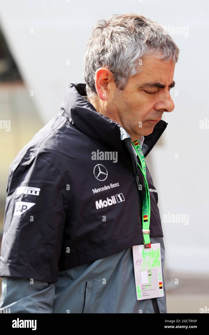 Rowan Atkinson (GBR) attore. Gran Premio del Belgio, domenica 24 agosto 2014. Spa-Francorchamps, Belgio. Foto Stock