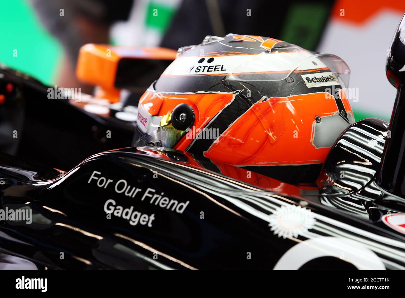 Nico Hulkenberg (GER) Sahara Force India F1 VJM07 con un tributo al Sahara Force India F1 Team Mechanic Gary North, che era meglio conosciuto nel paddock come 'Gadget'. Gran Premio d'Italia, venerdì 5 settembre 2014. Monza Italia. Foto Stock