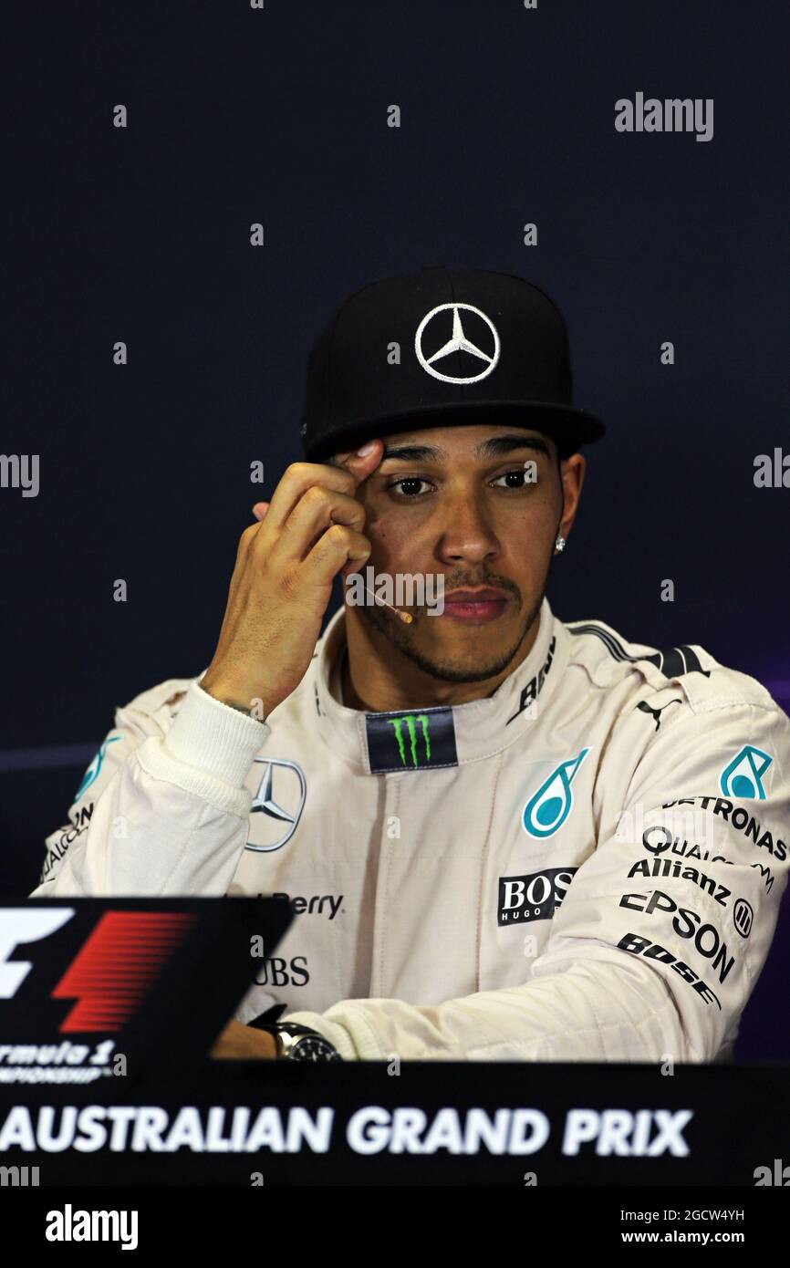 Lewis Hamilton (GBR) Mercedes AMG F1 alla conferenza stampa della FIA. Gran Premio d'Australia, domenica 15 marzo 2015. Albert Park, Melbourne, Australia. Foto Stock