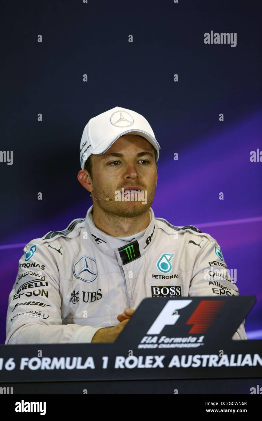 Il vincitore della gara Nico Rosberg (GER) Mercedes AMG F1 alla conferenza stampa della FIA. Gran Premio d'Australia, domenica 20 marzo 2016. Albert Park, Melbourne, Australia. Foto Stock