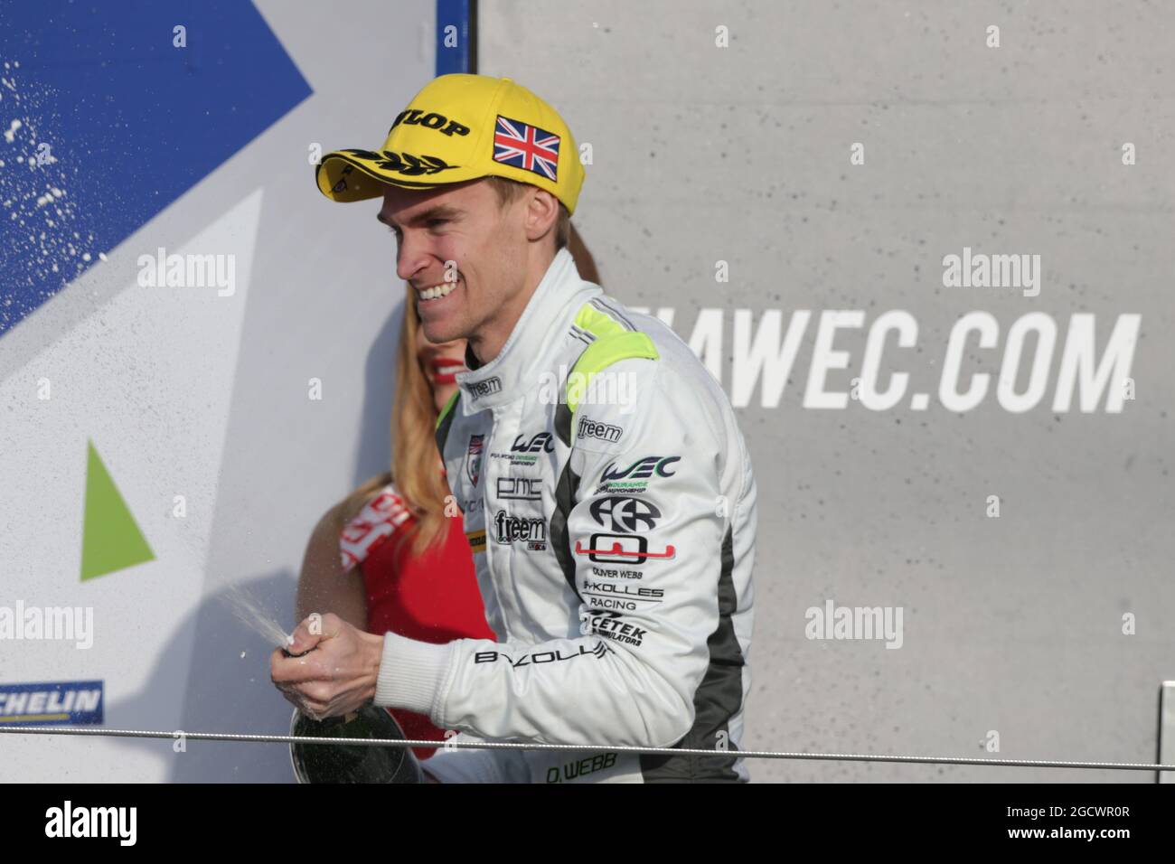 Oliver Webb (GBR) n. 04 Bykolles Racing Team CLM P1/01 - AER festeggia sul podio. Campionato Mondiale FIA Endurance, gara 1, Sunsay 17 aprile 2016. Silverstone, Inghilterra. Foto Stock