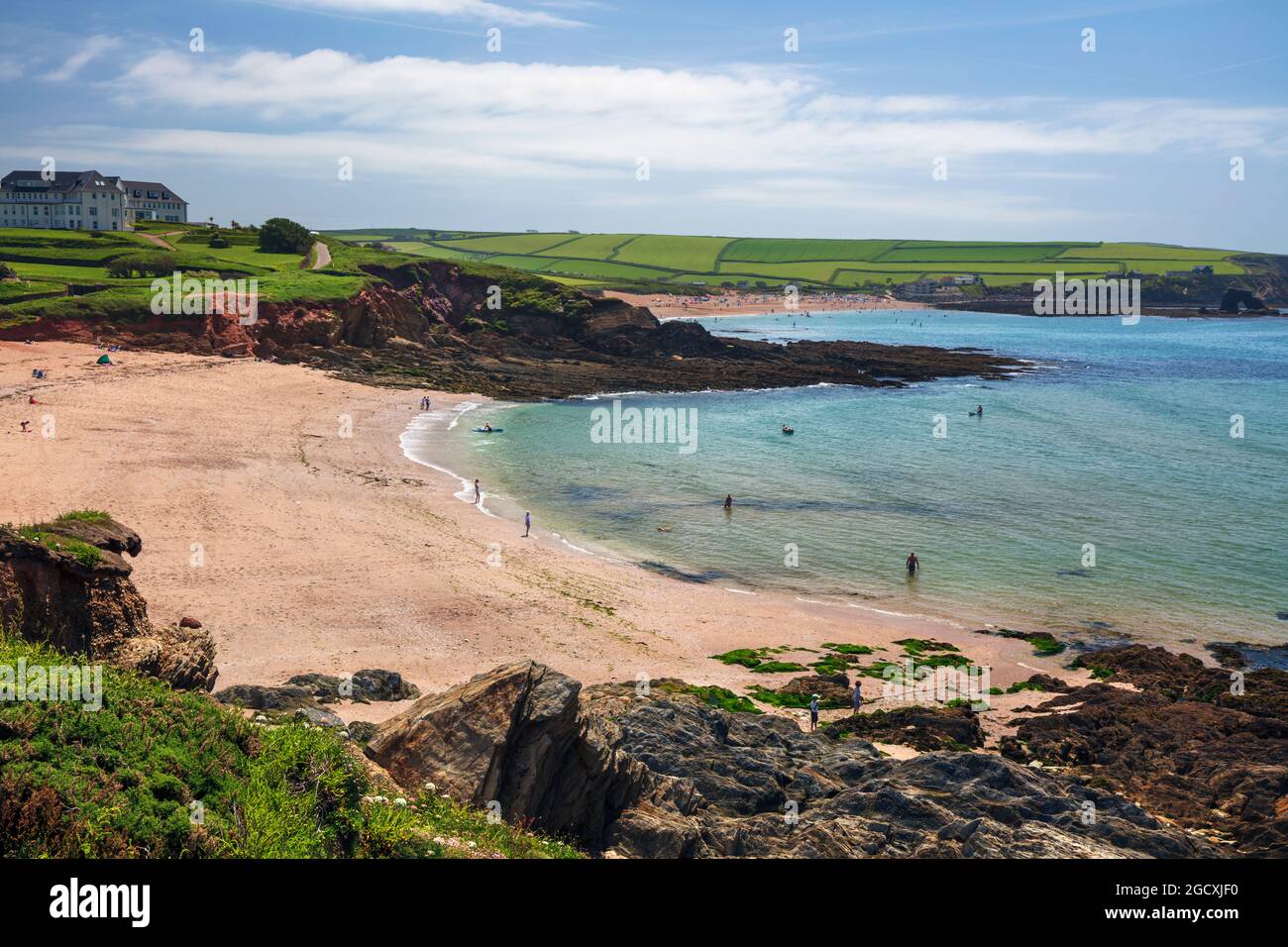 Leas Foot Sand Beach, Thurlestone, distretto di South Hams, Devon, Inghilterra, Regno Unito, Europa Foto Stock