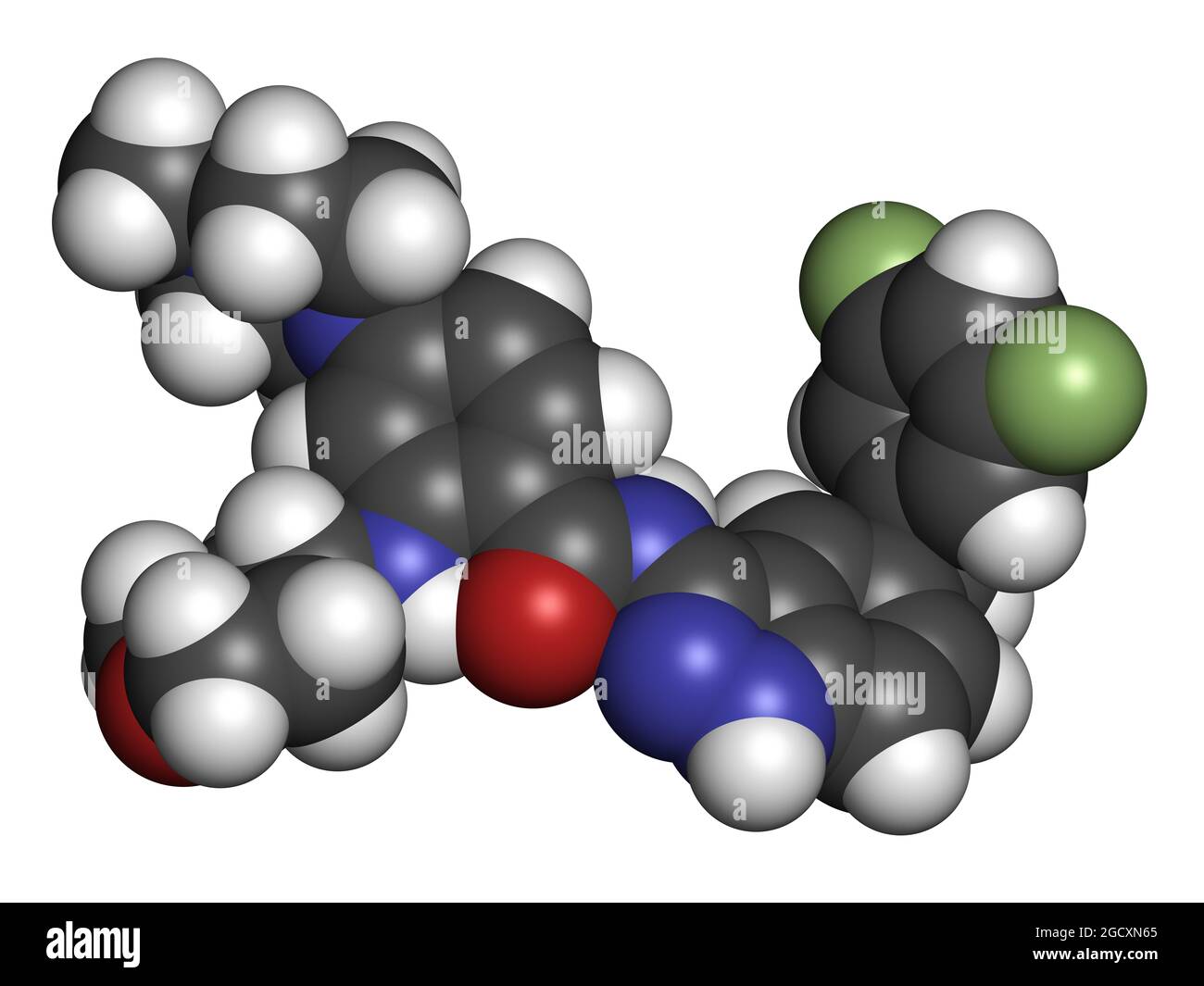 Molecola di farmaco antitumorale di entrettinib. Rendering 3D. Foto Stock