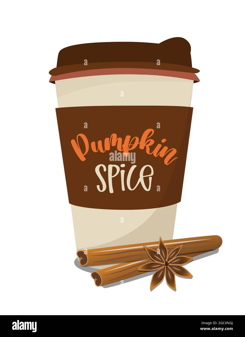 Latte di spezie di zucca - take away, caffè da portare a tazza per menu autunnali o design biglietto di auguri. Illustrazione vettoriale con tazza realistica, anice stellato e cinn Illustrazione Vettoriale