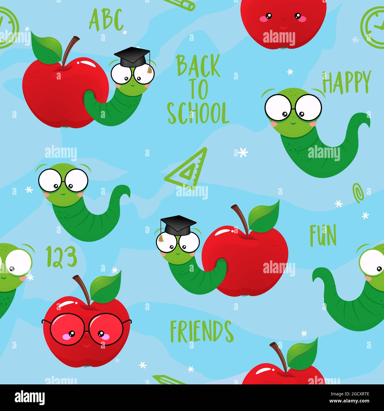 Vermi intelligenti, studiost, mele felici amici. Simpatici personaggi del Catterpille. Set di doodle vettoriali disegnate a mano per bambini. Ottimo per tessuti, set scolastici, pareti Illustrazione Vettoriale