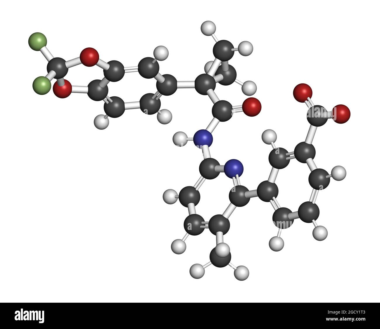 Lumacaftor molecola di farmaco di fibrosi cistica. Rendering 3D. Foto Stock