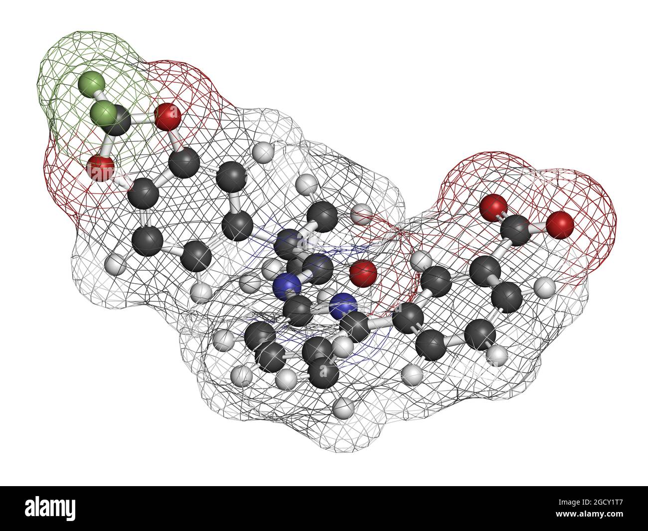 Lumacaftor molecola di farmaco di fibrosi cistica. Rendering 3D. Foto Stock