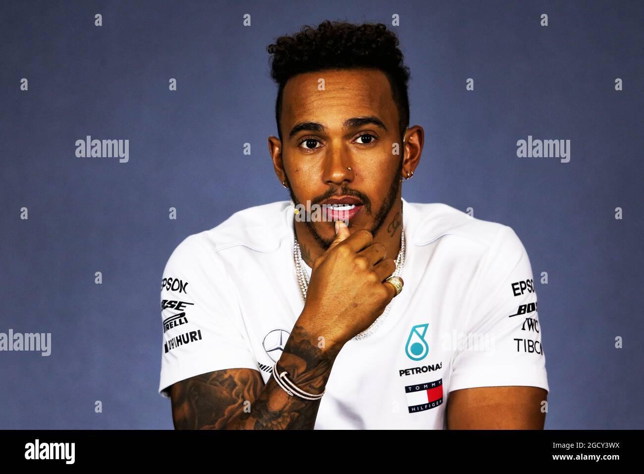 Lewis Hamilton (GBR) Mercedes AMG F1 alla conferenza stampa della FIA. Gran Premio d'Australia, giovedì 22 marzo 2018. Albert Park, Melbourne, Australia. Foto Stock
