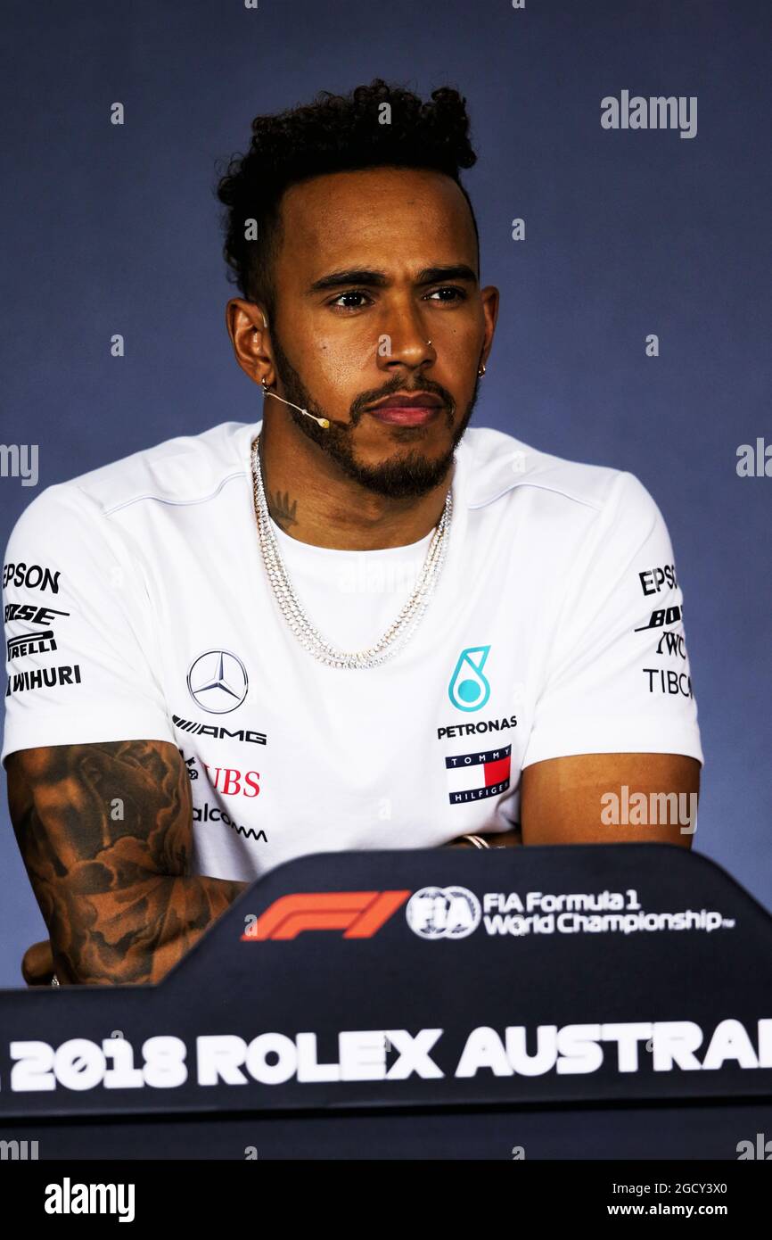 Lewis Hamilton (GBR) Mercedes AMG F1 alla conferenza stampa della FIA. Gran Premio d'Australia, giovedì 22 marzo 2018. Albert Park, Melbourne, Australia. Foto Stock