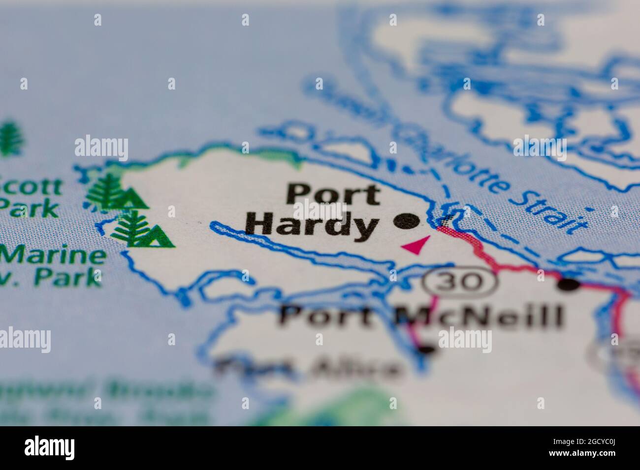 Port Hardy Vancouver Island Canada visualizzato su una mappa stradale o su una mappa geografica Foto Stock
