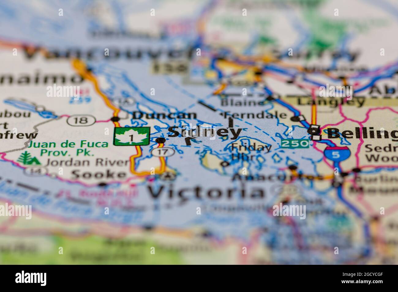 Sidney Vancouver Island Canada mostrato su una mappa stradale o su una mappa geografica Foto Stock