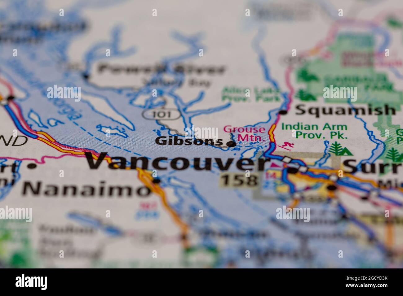 Gibsons British Columbia Canada visualizzato su una mappa stradale o su una mappa geografica Foto Stock