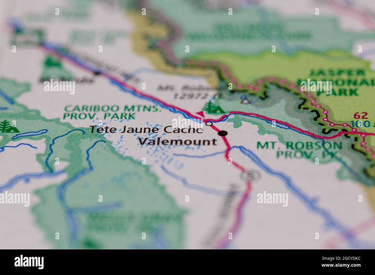 Tete Jaune cache British Columbia Canada visualizzata su una mappa stradale o su una mappa geografica Foto Stock