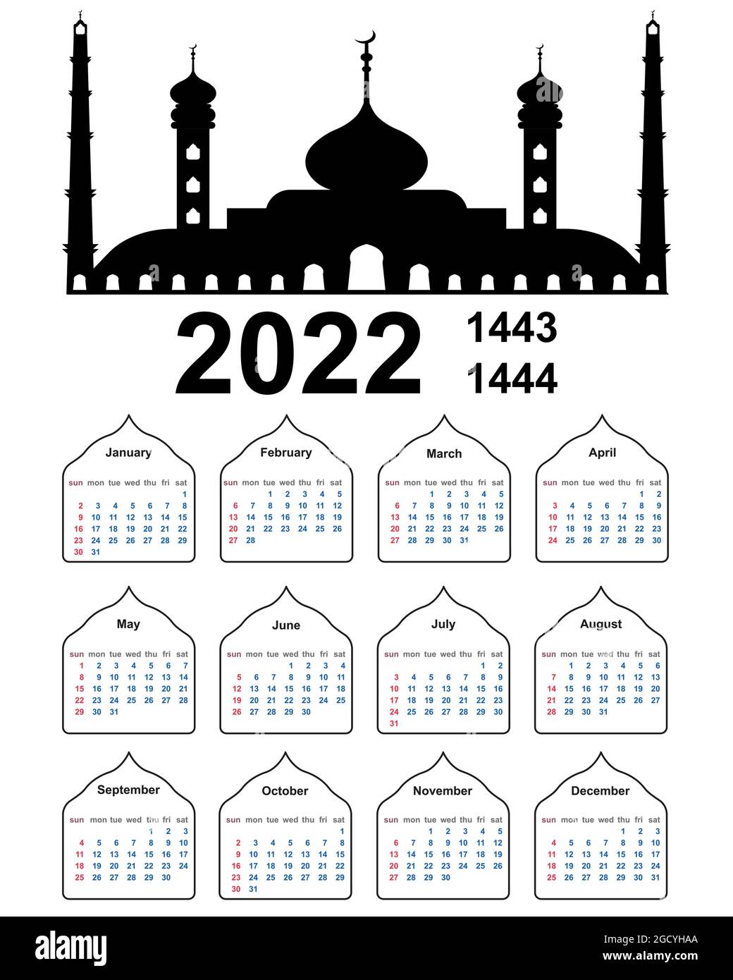 Calendario islamico Hijri 2022. Dal 1443 al 1444, calendario musulmano vettoriale con una settimana della moschea islamica che inizia la domenica Illustrazione Vettoriale