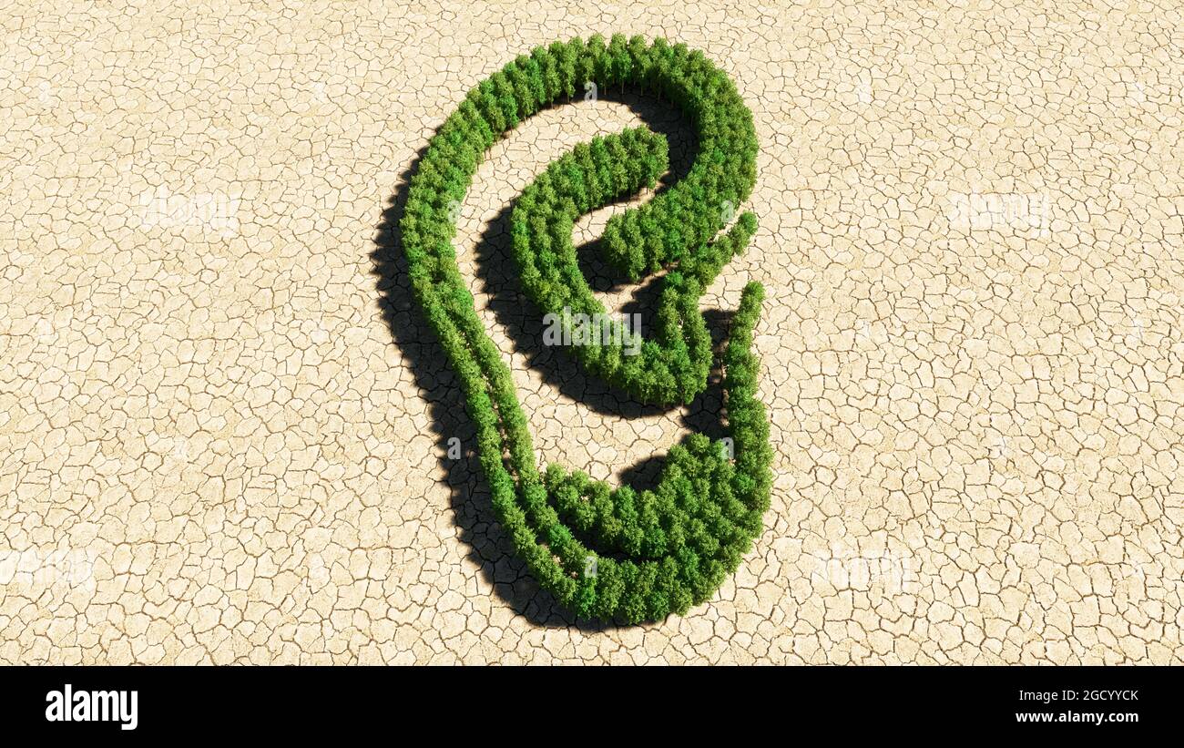 Concetto o gruppo concettuale di albero di foresta verde su fondo asciutto, segno di un orecchio. Una metafora di illustrazione 3d per la perdita dell'udito, tinnito Foto Stock