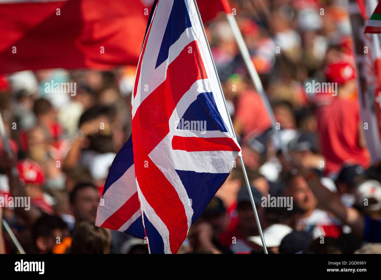 Bandiera britannica sul podio. Gran Premio di Ungheria, domenica 4 agosto 2019. Budapest, Ungheria. Foto Stock