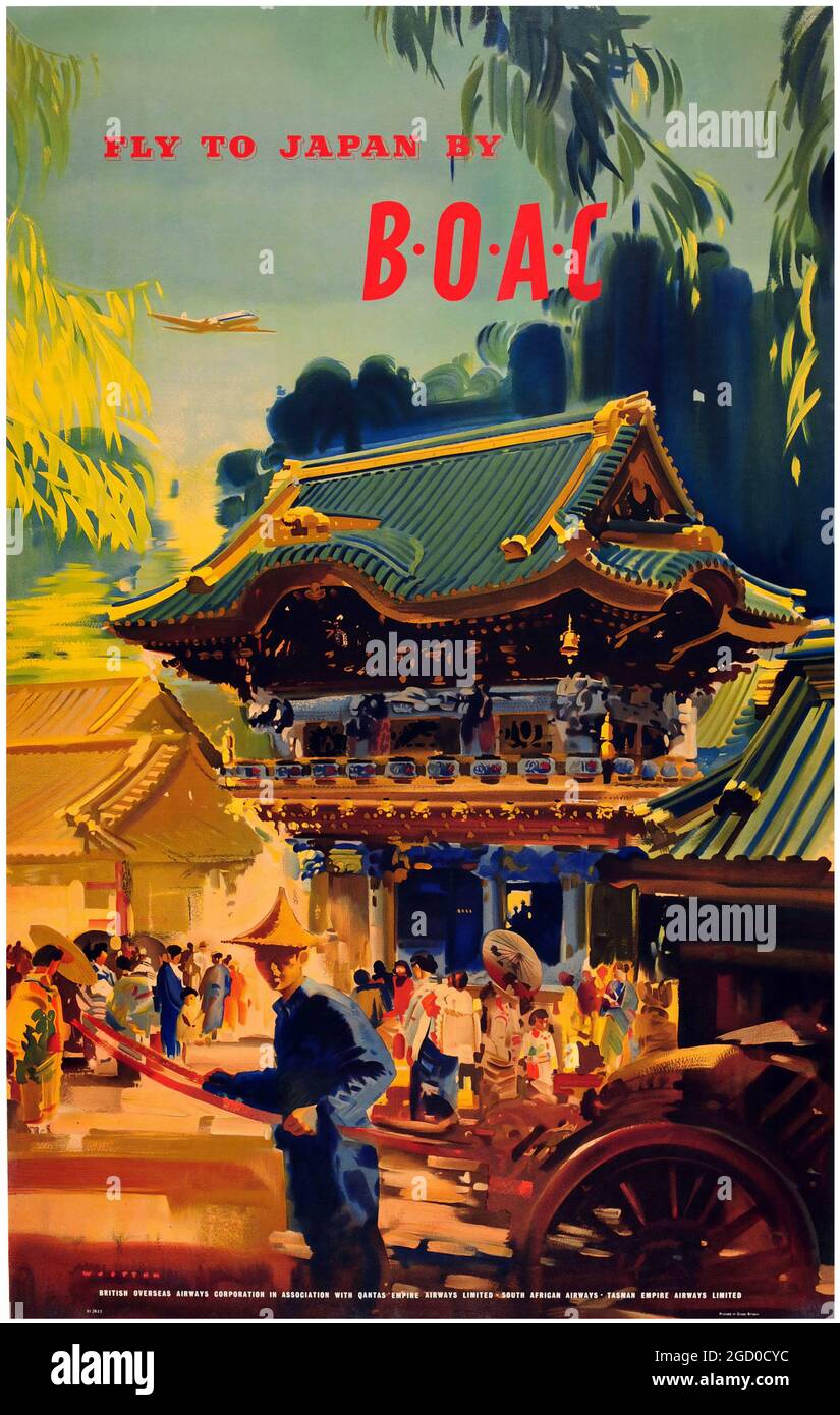 Poster Vintage Travel Advertising di Frank Wootton - Fly to Japan by BOAC, 1951 Foto Stock