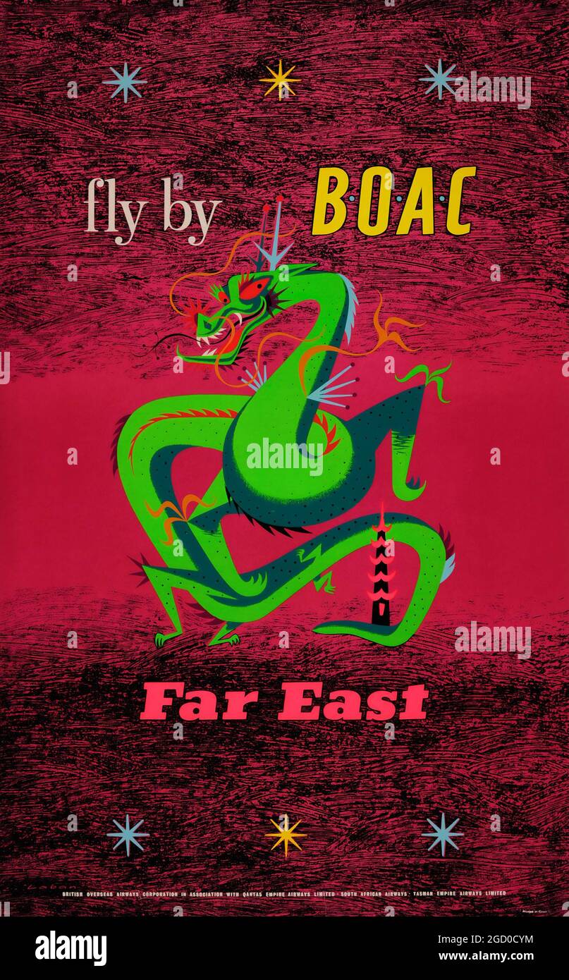 Poster Vintage Air Travel degli anni '50 Fly by BOAC to the far East ft. Design drago. Artista Maurice Laban, 1956. Foto Stock