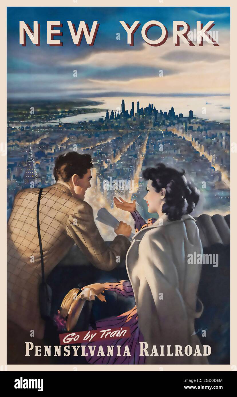 Vintage Travel Poster NEW YORK Vai in treno Pennsylvania Railroad. Opera di Harley Wood. Piattaforma di osservazione dell'Empire state Building. c 1955. Foto Stock