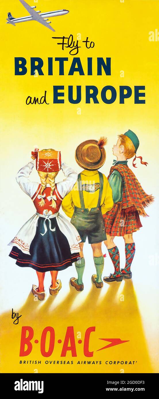 Poster Vintage Travel, Fly B.O.A.C. (B.O.A.C., anni '60) Fly to Britain and Europe by BOAC. Foto Stock