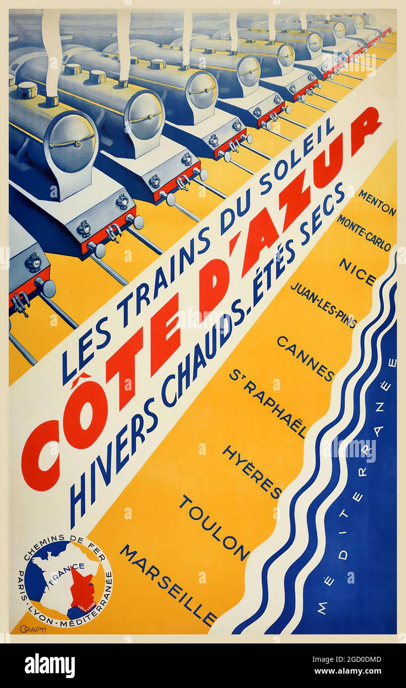 Vintage Poster PLM Railway Cote d'Azur Costa Azzurra treni Art Deco – 1931 – Les Trains du soleil Cote d'Azur Hivers CHauds. Etes sec. Foto Stock