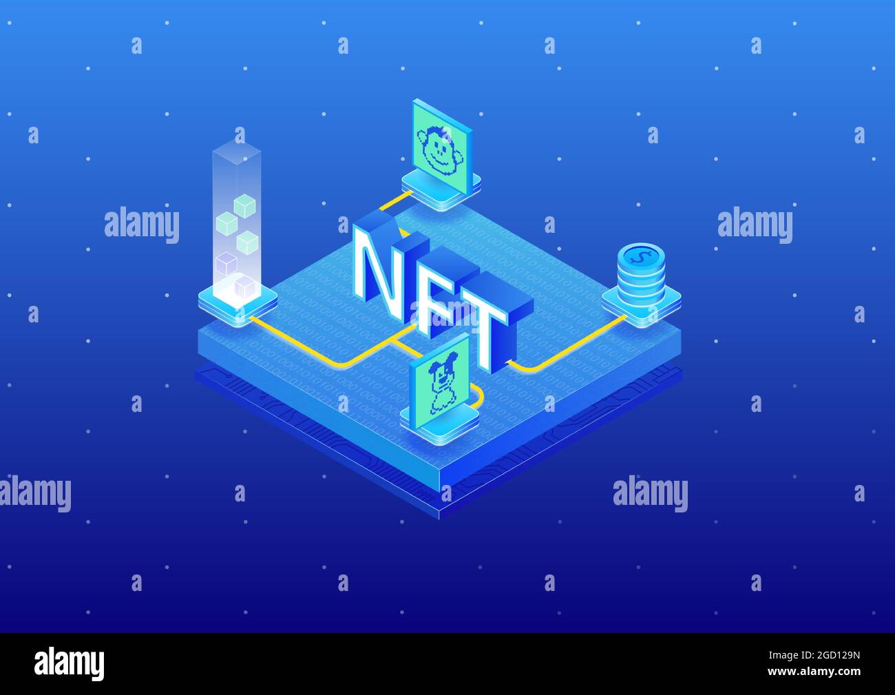 Infografica sul concetto di token non fungibile NFT. illustrazione vettoriale isometrica 3d di opere d'arte digitali acquistate tramite blockchain. Illustrazione Vettoriale