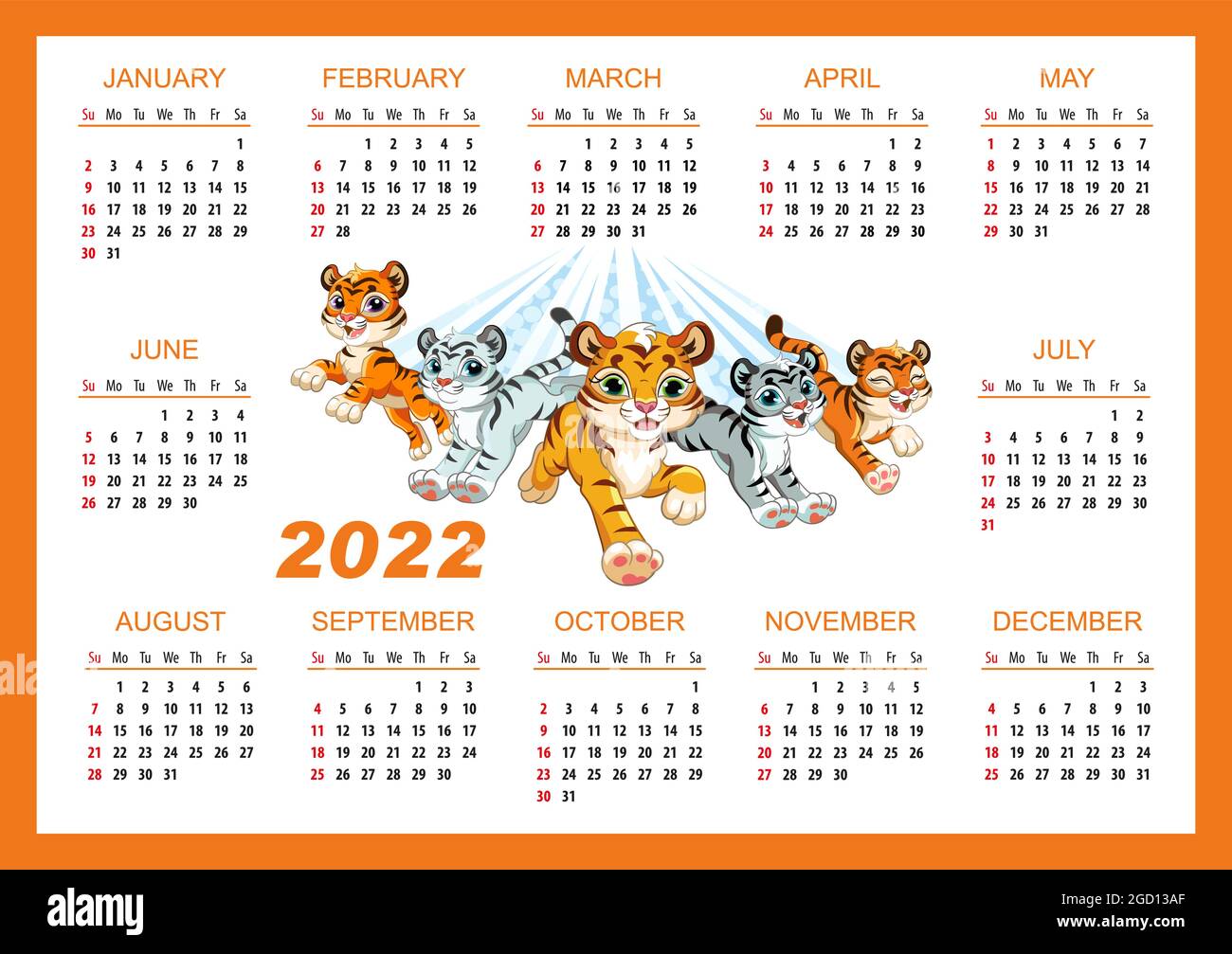 Calendario orizzontale da parete con cubetti di tigre per 2022. Carino cartone animato che esegue cinque tigri. Il simbolo dell'anno. Carattere animale. Illustri vettoriali a colori Illustrazione Vettoriale