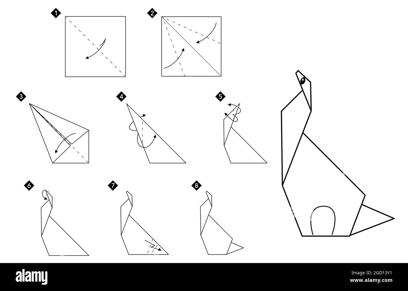 Come fare origami dinosauro. Istruzioni fai-da-te in bianco e nero passo dopo passo. Illustrazione vettoriale monocromatica del contorno. Illustrazione Vettoriale