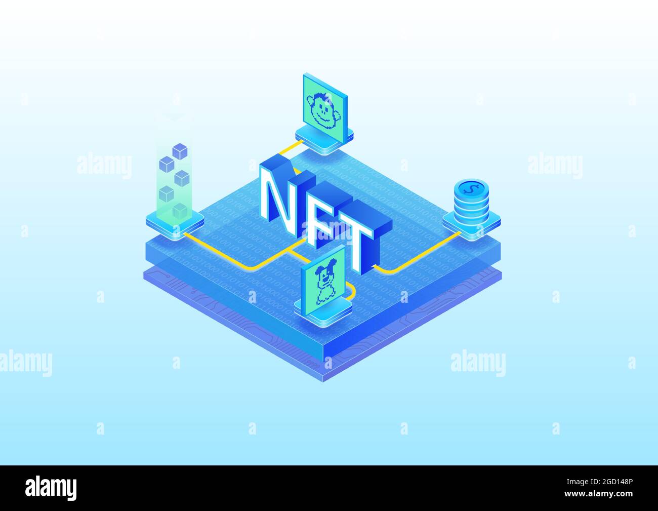 Infografica sul concetto di token non fungibile NFT. illustrazione vettoriale isometrica 3d di opere d'arte digitali acquistate tramite blockchain. Illustrazione Vettoriale