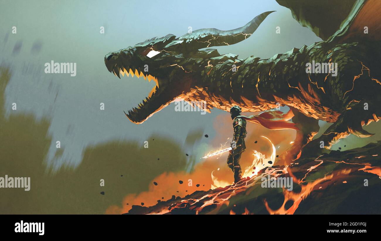 cavaliere con la spada leggera in piedi vicino al gigantesco drago del fuoco, stile d'arte digitale, pittura d'illustrazione Foto Stock