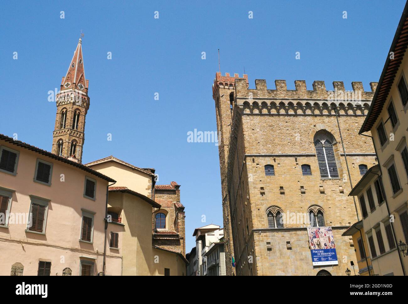 Torre della Badia Fiorentina e Palazzo Bargello, Piazza San Firenze, Firenze Foto Stock