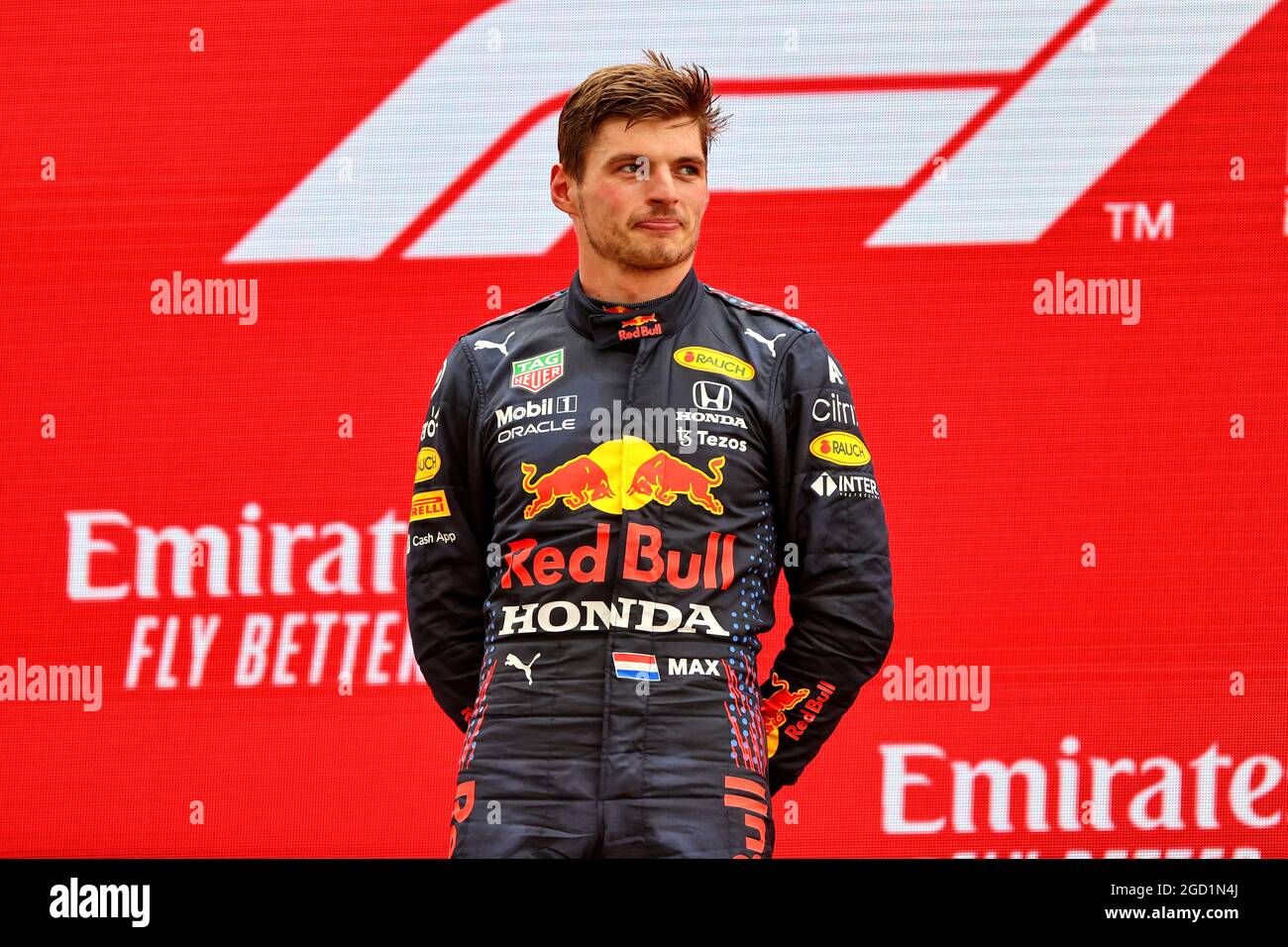 Il vincitore della gara Max Verstappen (NLD) Red Bull Racing sul podio. Gran Premio di Francia, domenica 20 giugno 2021. Paul Ricard, Francia. Foto Stock