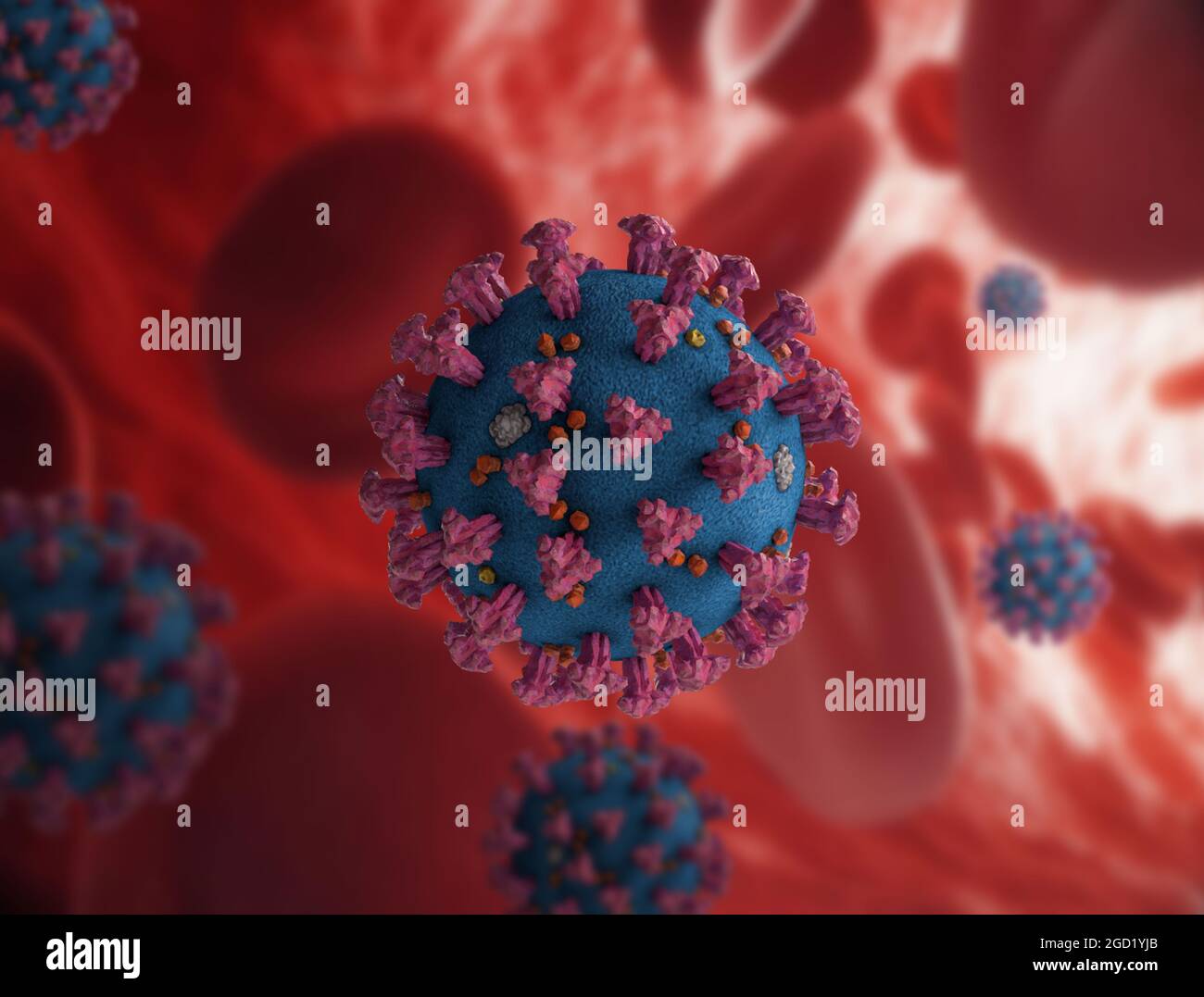 Un collage di cellule del virus dell'influenza COVID-19 all'interno del vaso sanguigno Foto Stock