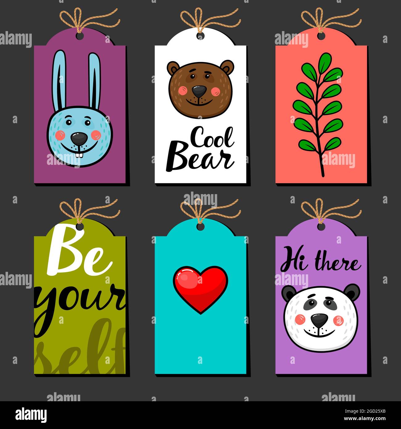 Collezione di etichette con coniglio, panda, orso e cuore Illustrazione Vettoriale